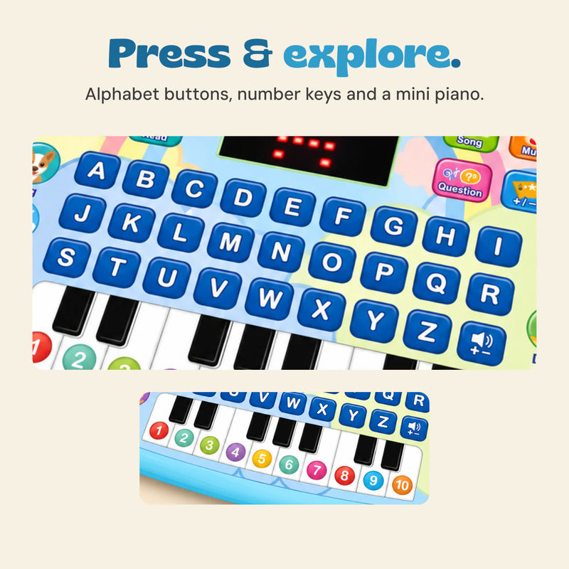 Close-ups of the blue tablet alphabet buttons and numbered piano keys, showing the complete alphabet and numbers one through ten.