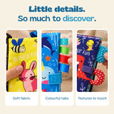 Close-up views of the sensory books' soft fabric, colourful tabs and tactile textures.