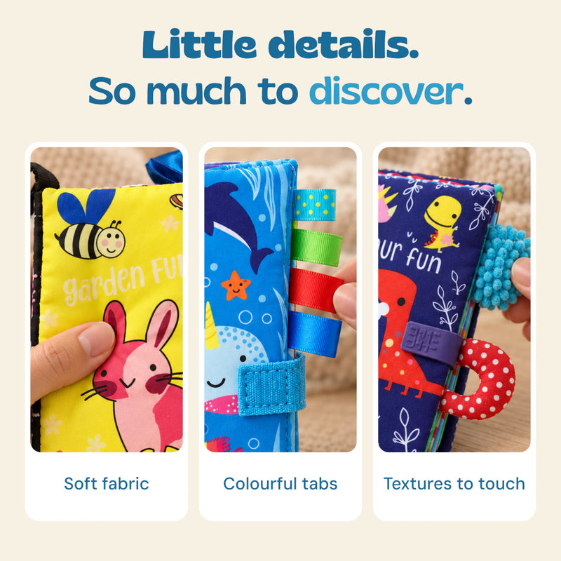 Close-up views of the sensory books' soft fabric, colourful tabs and tactile textures.