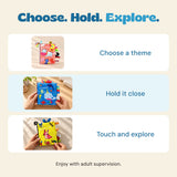 A three-part guide showing a book theme, holding the book, and touching the fabric.