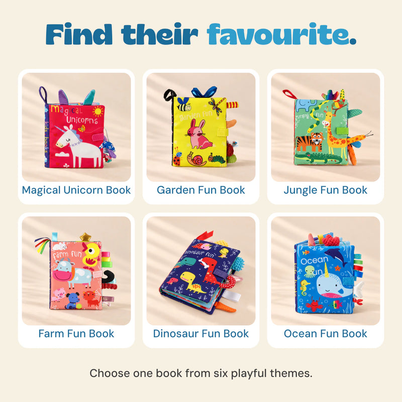 Six Snuggle Stories book themes: Magical Unicorn, Garden, Jungle, Farm, Dinosaur and Ocean. Choose one book.