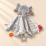 Grey elephant comfort blanket with raised-dot fabric, colourful edge tabs and a grey star ring.