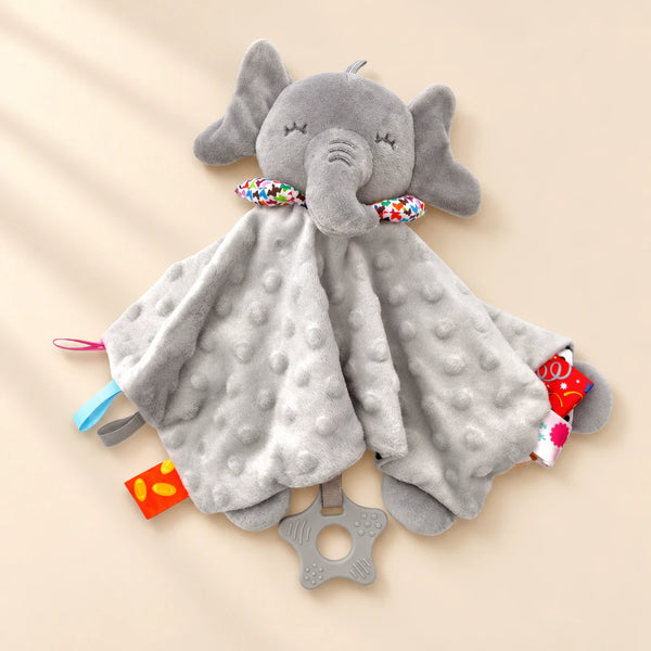 Grey elephant comfort blanket with raised-dot fabric, colourful edge tabs and a grey star ring.