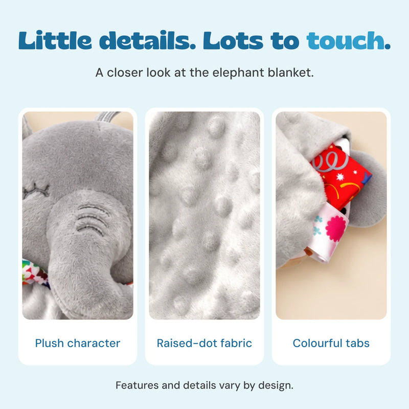 Three close views of the elephant head, raised-dot fabric and colourful ribbon tabs.