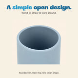 Close-up of the grey blue cup open top, showing the rounded silicone rim and plain interior.