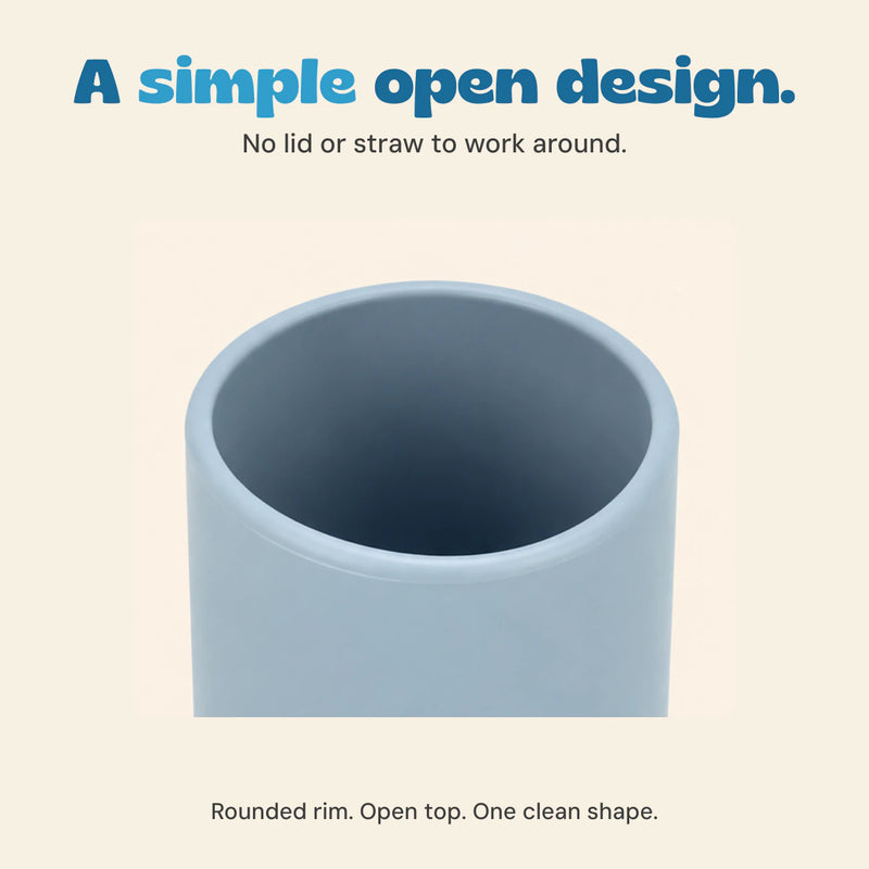 Close-up of the grey blue cup open top, showing the rounded silicone rim and plain interior.