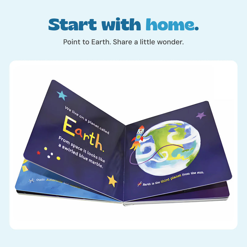 The original Earth pages from Hello, World! Solar System, framed with the heading Start with home.