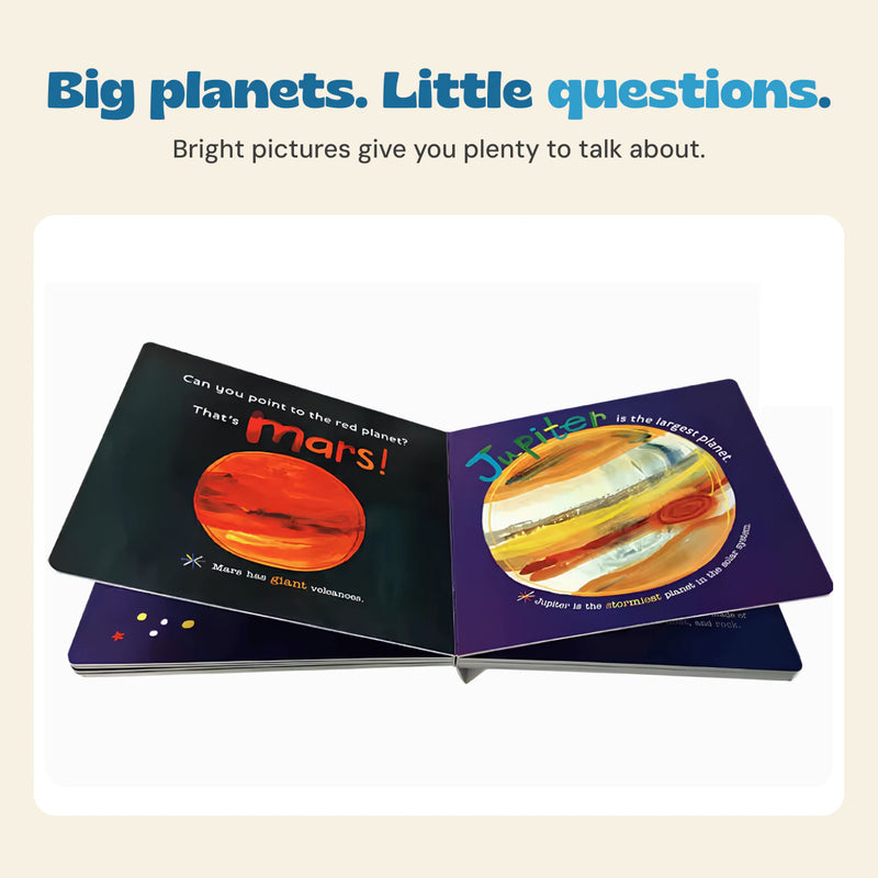 The original Mars and Jupiter page spread, with bright planet illustrations and the heading Big planets. Little questions.