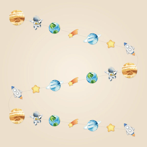 Planet Explorer Garland with its original watercolour planet, astronaut, star and rocket designs arranged as one continuous strand.
