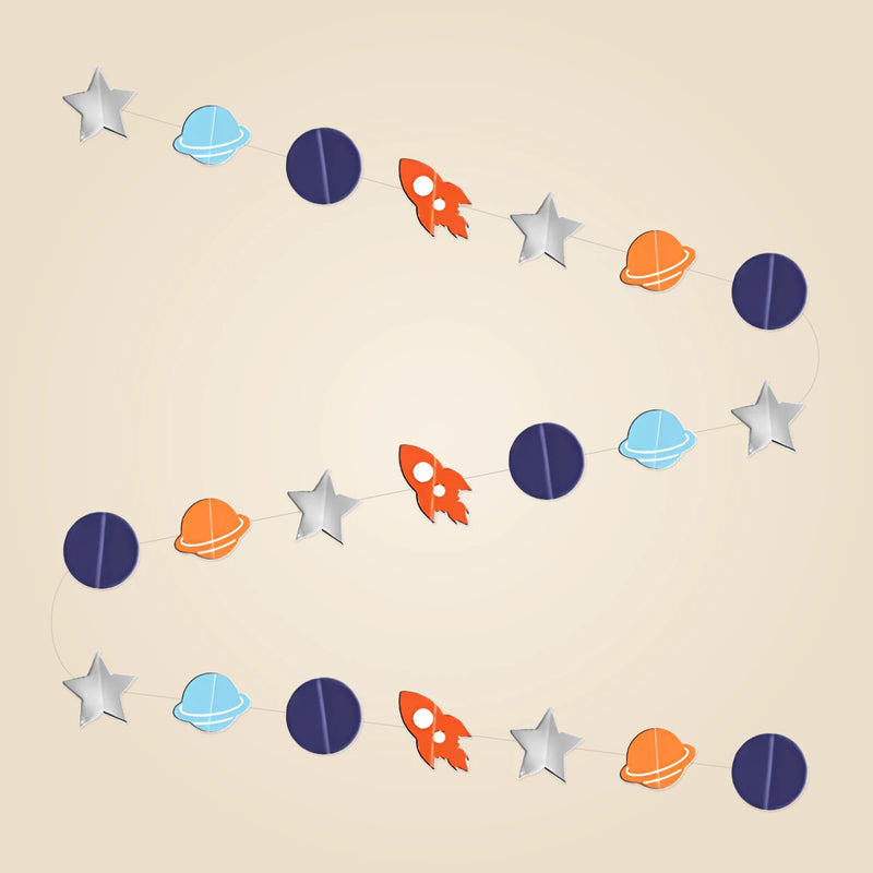 Star Rocket Garland with orange rockets, silver stars and blue, orange and navy planet shapes arranged as one continuous strand.