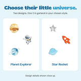 Close-up details comparing Planet Explorer and Star Rocket garland styles, available separately as a 2 m strand.