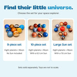 The three Planet Ball Set options compared: nine pieces without a Sun, ten pieces with a 6.3 cm Sun, and ten pieces with a 7.6 cm Sun.