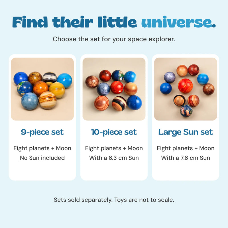 The three Planet Ball Set options compared: nine pieces without a Sun, ten pieces with a 6.3 cm Sun, and ten pieces with a 7.6 cm Sun.