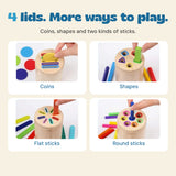 Four original close-up photographs showing the coin, shape, flat-stick and round-stick activity lids.