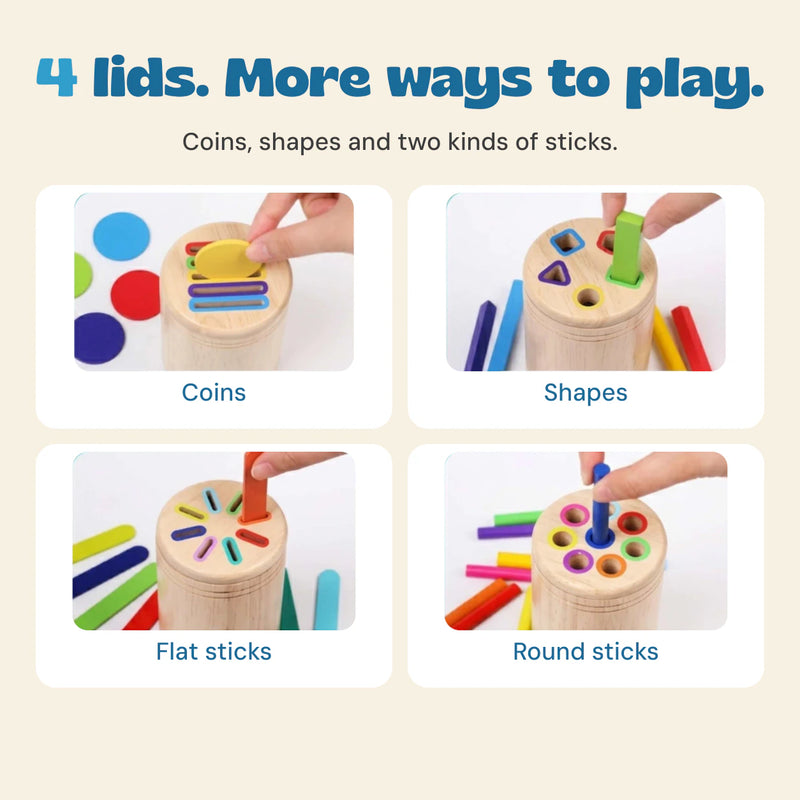 Four original close-up photographs showing the coin, shape, flat-stick and round-stick activity lids.