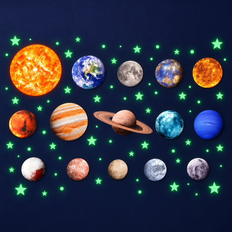 Green Galaxy Glow celestial wall stickers with coloured planet prints and luminous stars and dots on a navy wall.