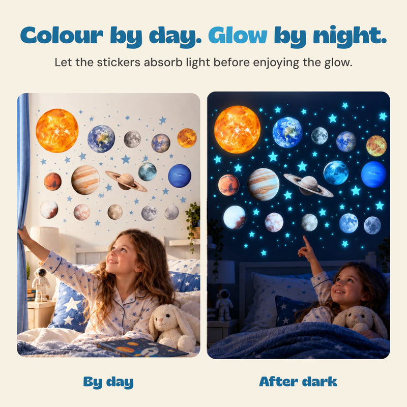 The original day and night comparison shows coloured planetary stickers and blue glowing stars in the same bedroom.
