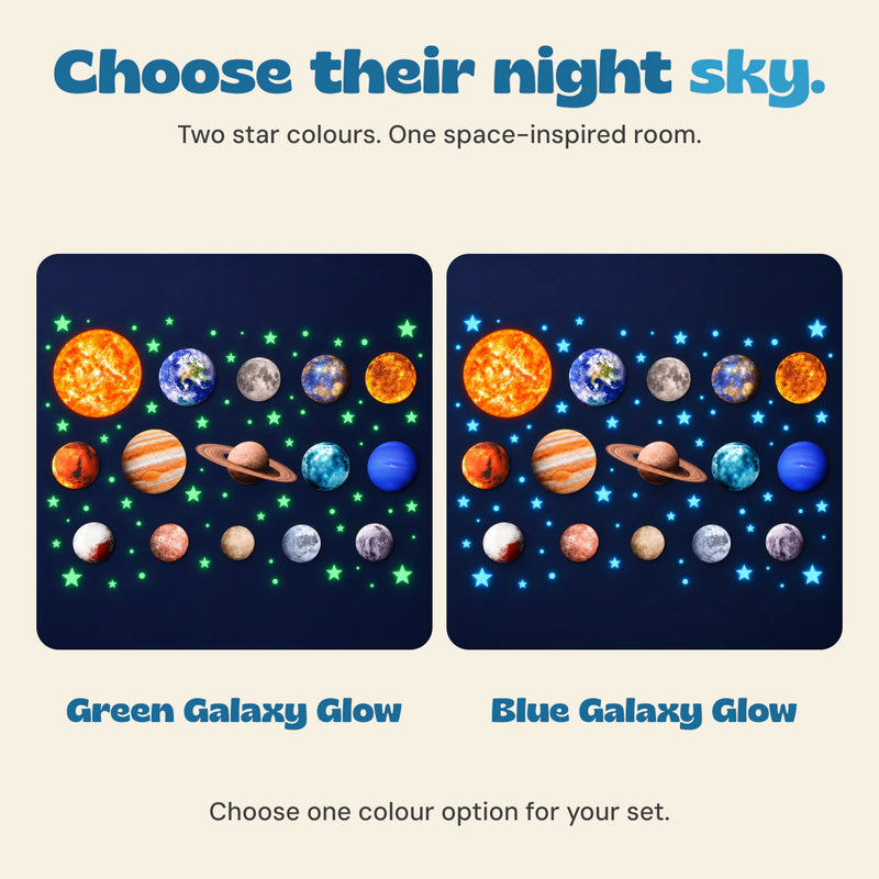 Green and blue glow variants compared side by side, with one colour option selected per set.