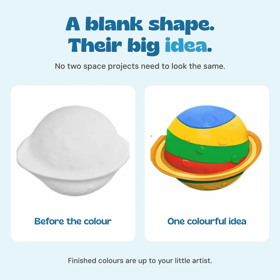 A blank ringed-planet craft shape beside one painted example, showing how children can choose their own colours.
