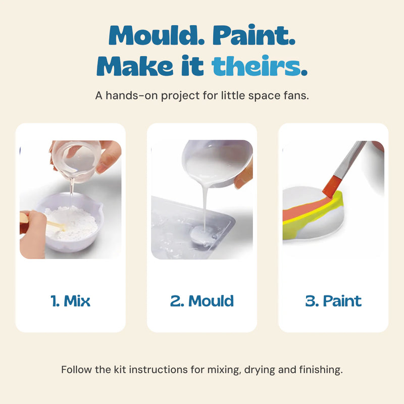 Three original photographs showing the Space Mould & Paint Craft Kit process: mixing, filling the mould and painting.