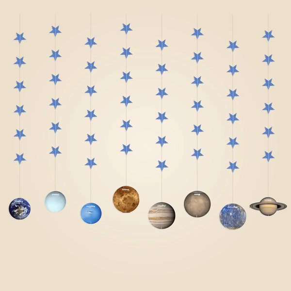 Eight flat printed planet hanging strands, each with six blue stars, on a warm beige background.
