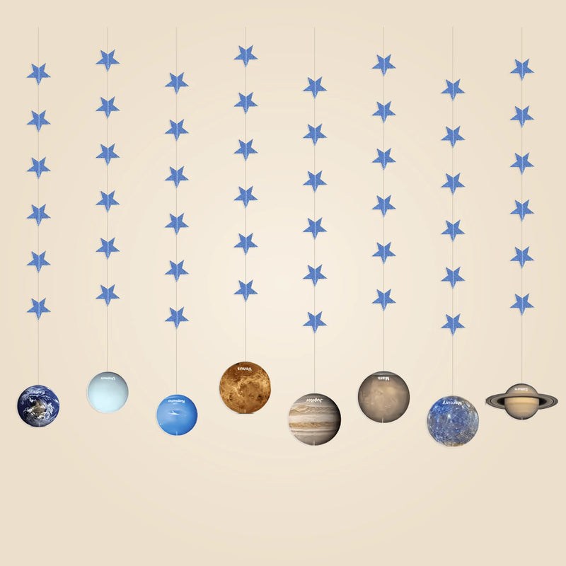 Eight flat printed planet hanging strands, each with six blue stars, on a warm beige background.