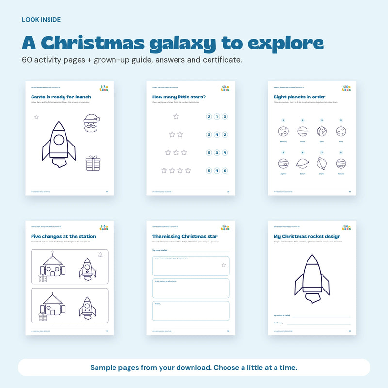 Six genuine interior pages showing the variety of activities included.