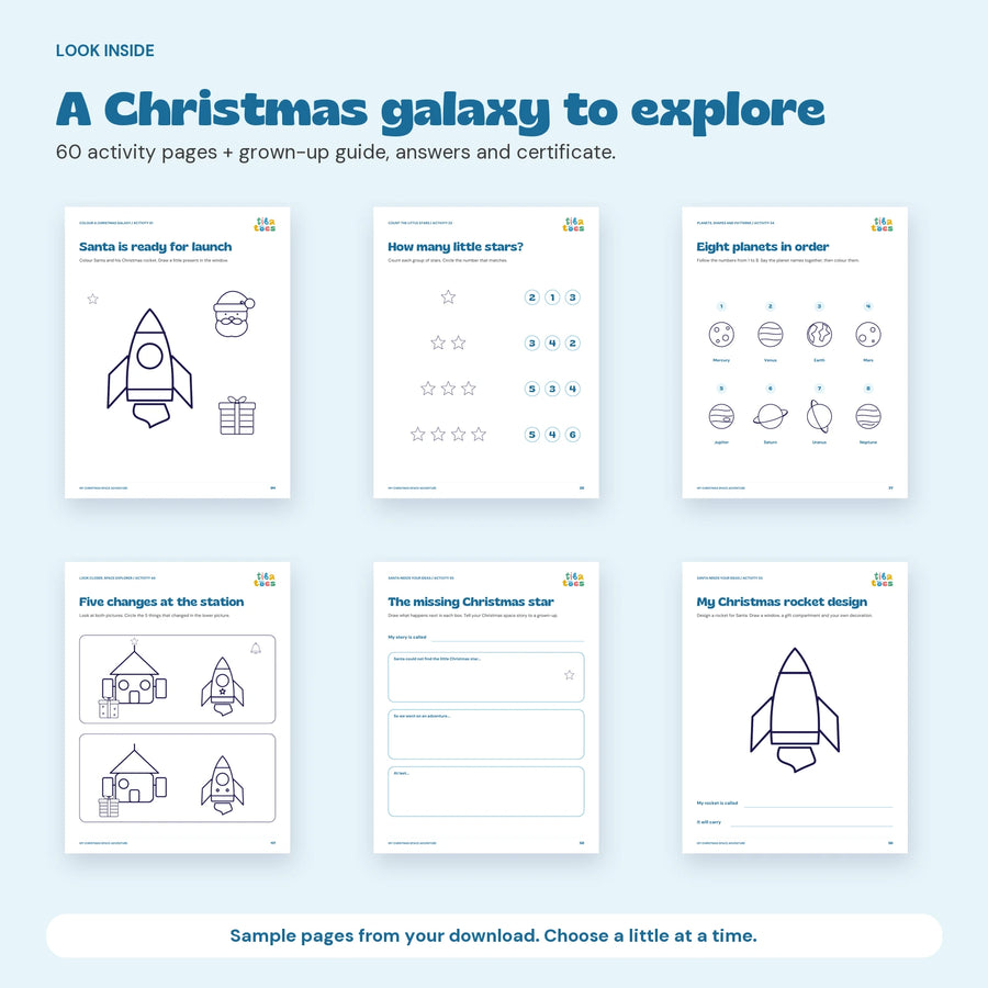 Six genuine interior pages showing the variety of activities included.