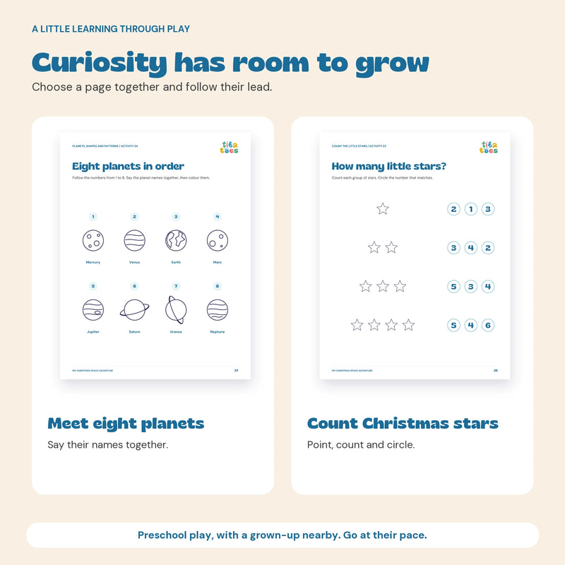 Actual counting and pattern or planet pages for shared preschool activities.