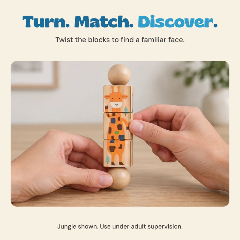 Adult hands hold one Jungle Spin and Match toy by a ball end and the middle block, with the giraffe artwork visible.