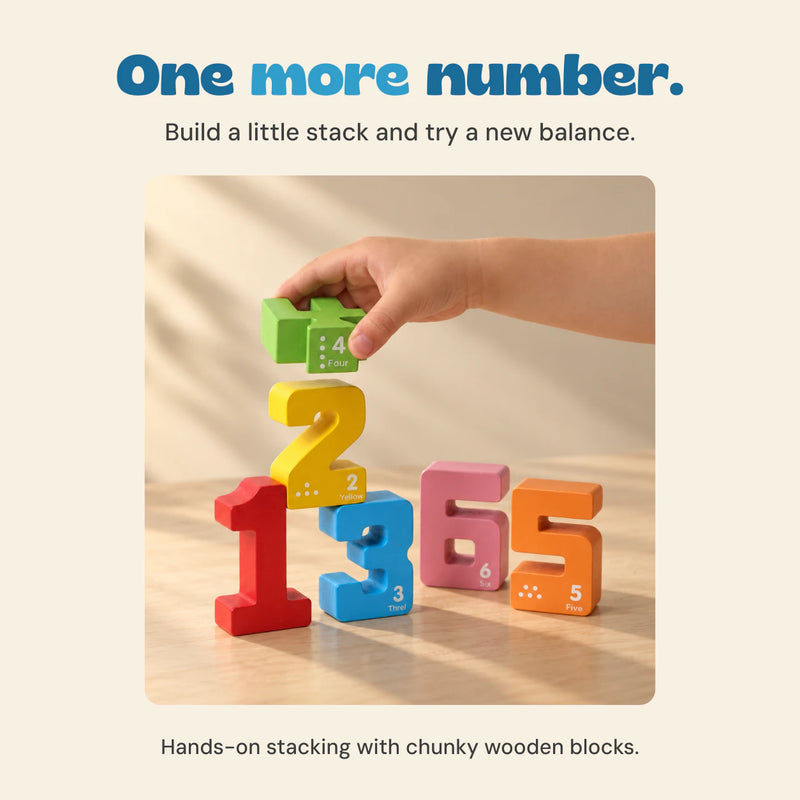 A hand balances a green four above a yellow two, red one and blue three, with pink six and orange five beside them.