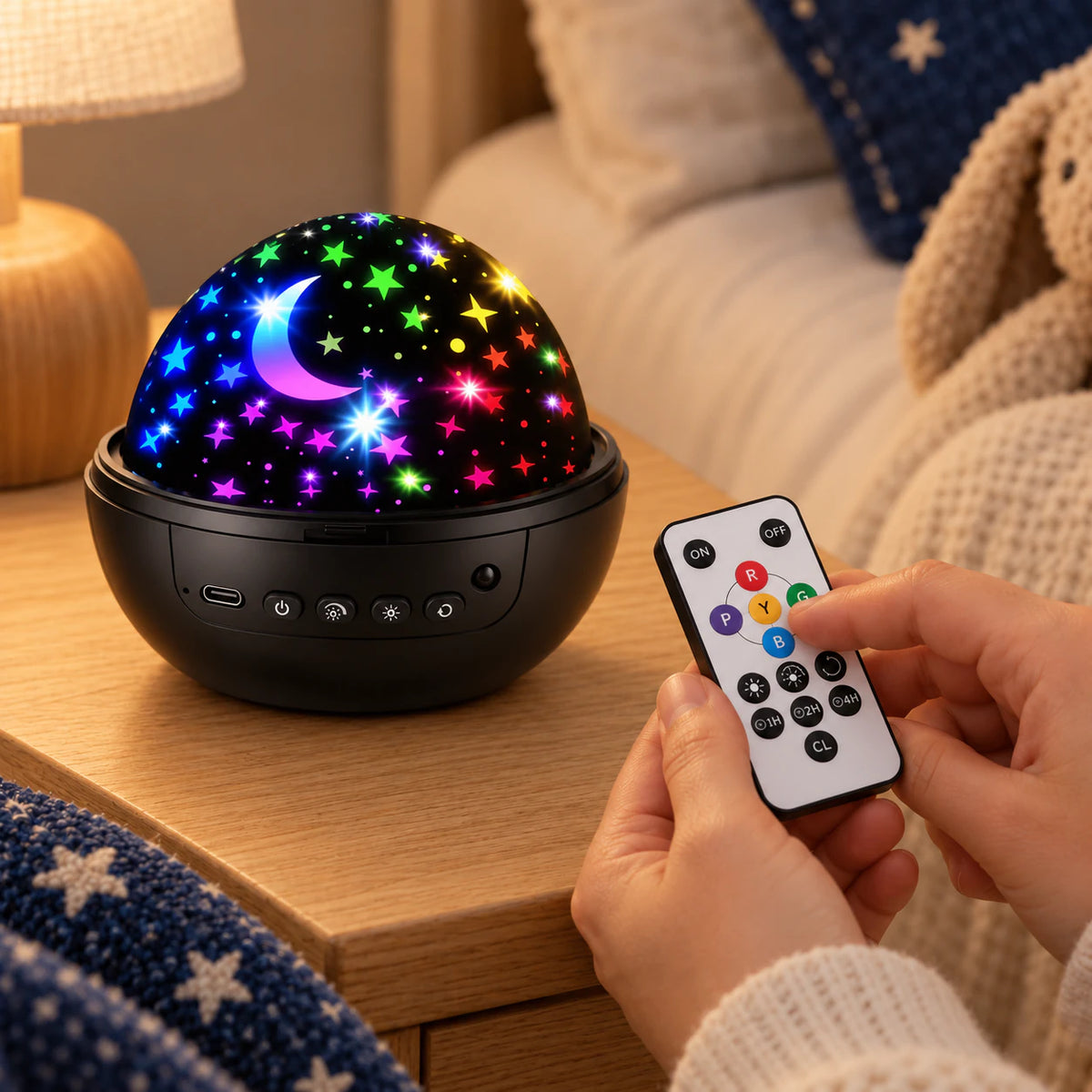 Using the StarryGlow remote beside a bedtime book