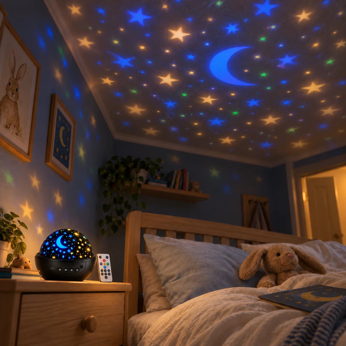 StarryGlow moon and star projections above a cozy bed
