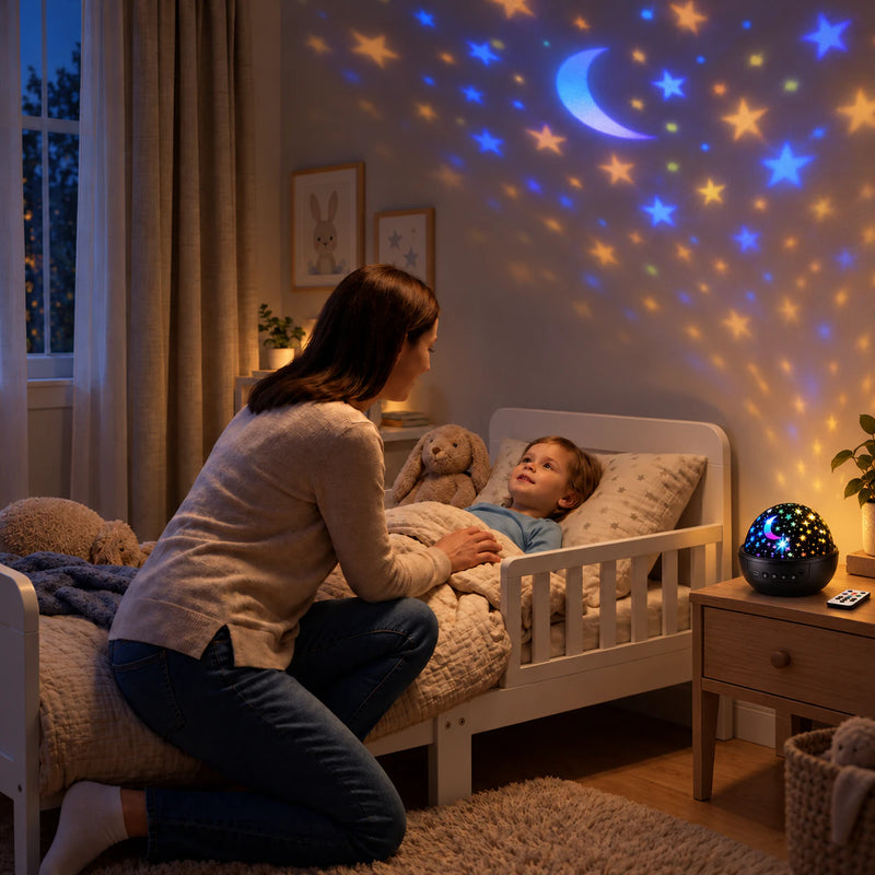 A parent and child sharing a quiet bedtime moment with StarryGlow
