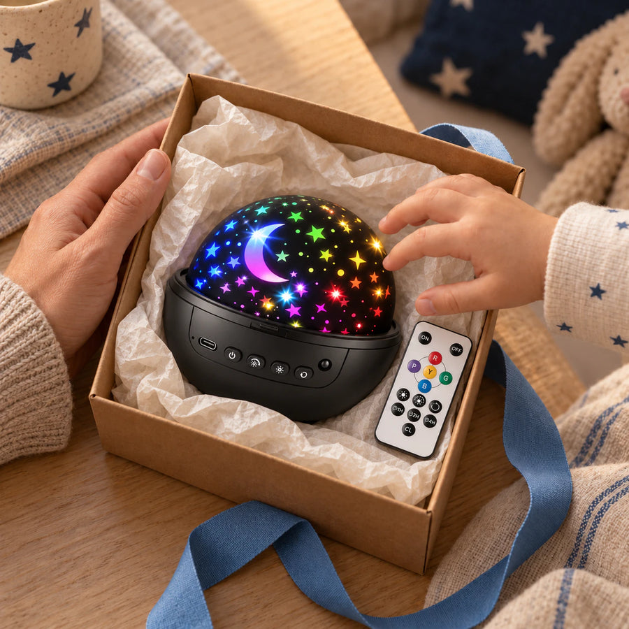 StarryGlow and its remote in a family-wrapped gift