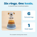Complete stacking toy with six textured rings and one grey koala topper.