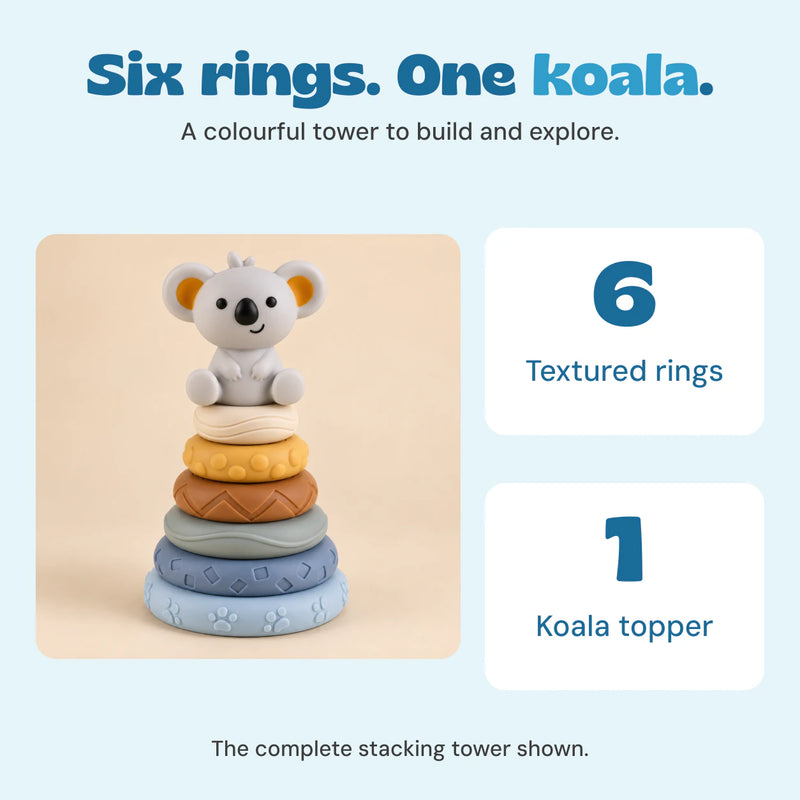 Complete stacking toy with six textured rings and one grey koala topper.