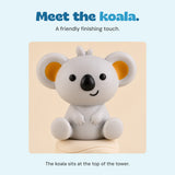 Close-up of the grey koala topper with yellow inner ears, black nose and small smile.