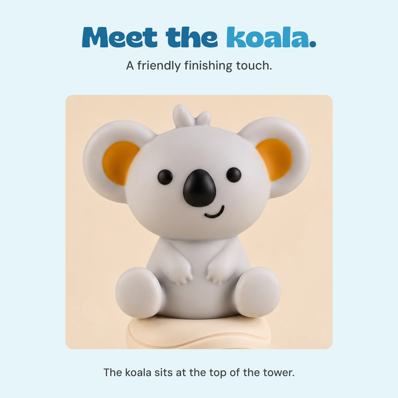 Close-up of the grey koala topper with yellow inner ears, black nose and small smile.