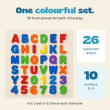 The full 36-piece bath foam set with 26 uppercase letters A to Z and ten numbers 0 to 9.
