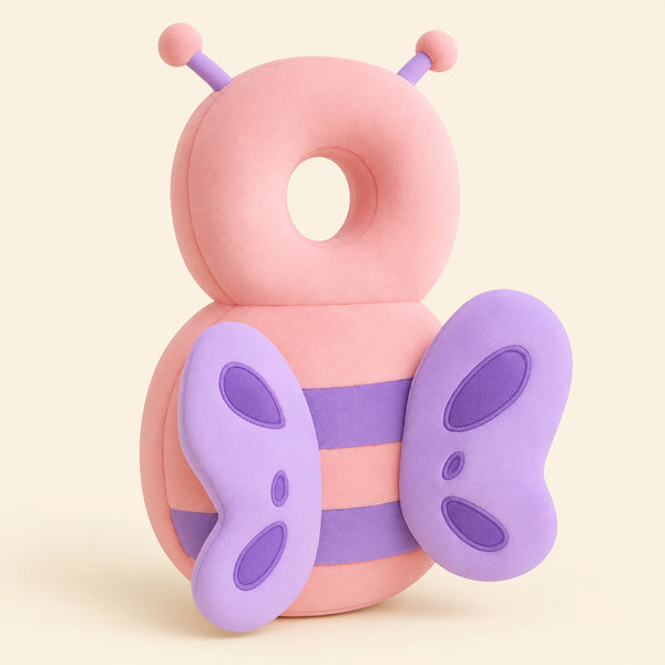 BounceBuddy Pink Butterfly cushion shown in full on a smooth warm beige background.