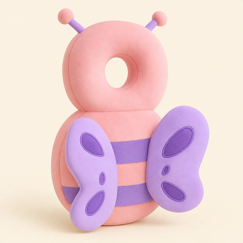 BounceBuddy Pink Butterfly cushion shown in full on a smooth warm beige background.
