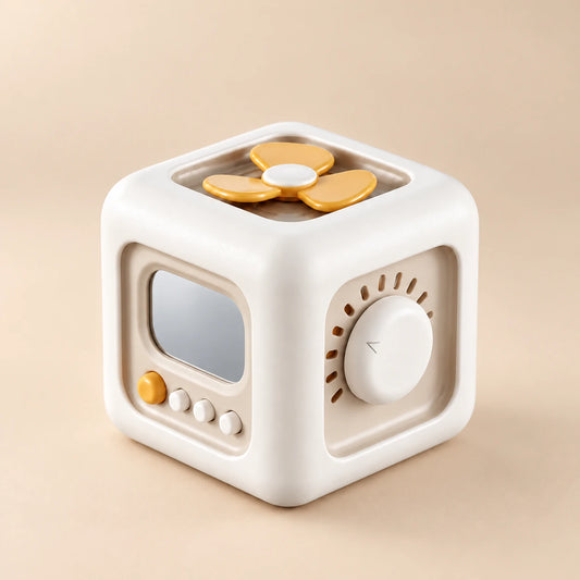 TibaToes Montessori Busy Cube in Off White/Yellow, showing its visible activity panels on a warm beige background.