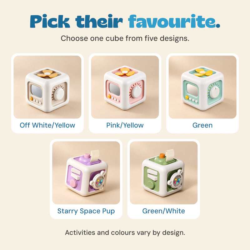 Five individual TibaToes Busy Cube choices: Off White/Yellow, Pink/Yellow, Green, Starry Space Pup and Green/White. Choose one cube; activities vary by design.