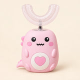 TibaToes EasyBrush Pink Cloud Plush character toothbrush on a warm beige background.