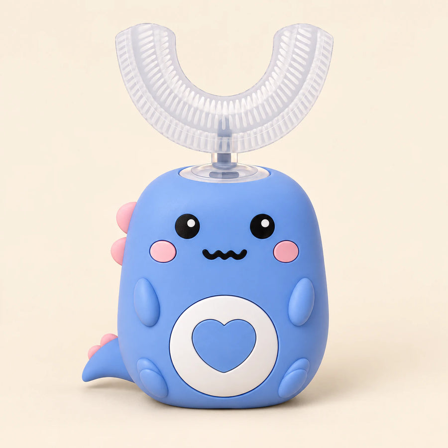 TibaToes EasyBrush Blue Cloud Plush character toothbrush on a warm beige background.