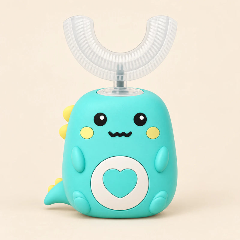TibaToes EasyBrush Ocean Friends character toothbrush on a warm beige background.