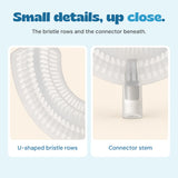 Close-up views of the mouthpiece bristle rows and cylindrical connector stem.
