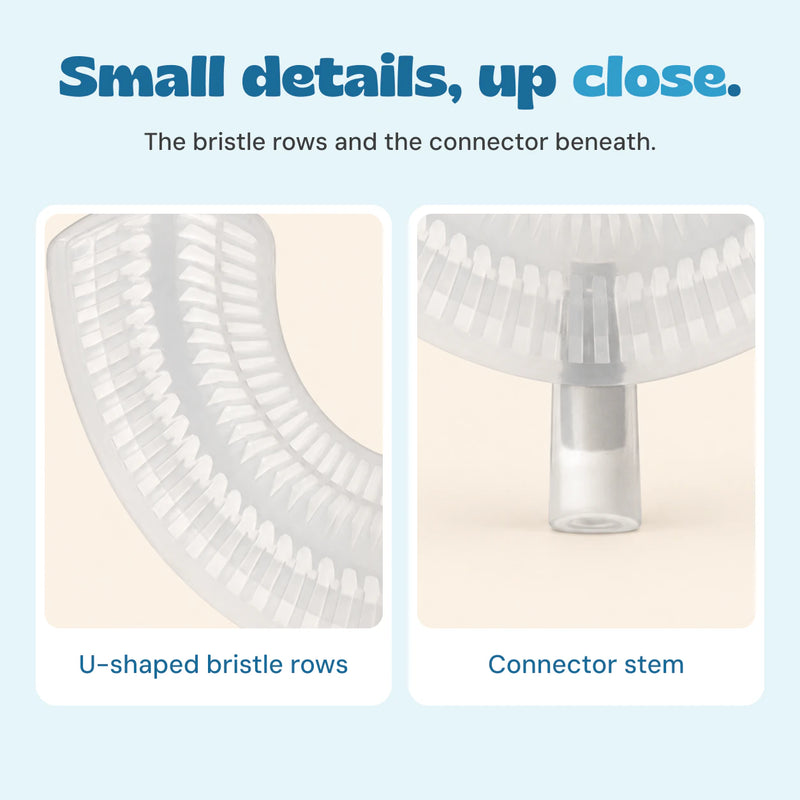 Close-up views of the mouthpiece bristle rows and cylindrical connector stem.