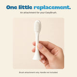 An adult hand holds the white brush attachment. The full brush head, stem and flared connector are visible. Handle not included.